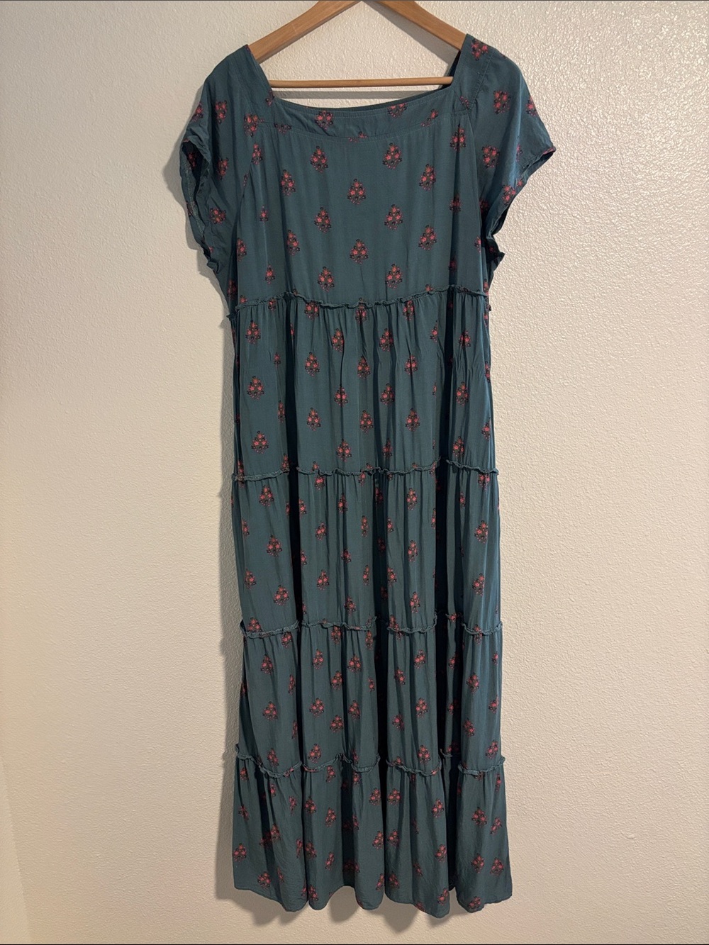 Natural Life Berkeley Dress Teal Floral Tiered Square Neck Maxi Size L/XL boho